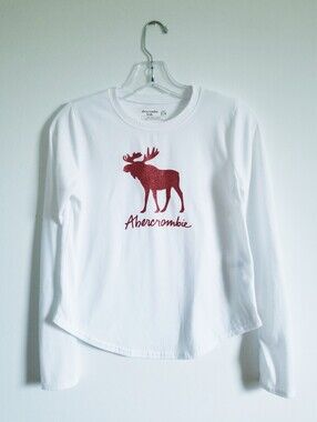 Abercrombie & Fitch White Long-Sleeve Tee with Red Moose Graphic Girls
